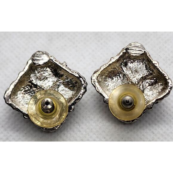 EARRINGS-Silver Tone with Blue "Stones"-Silver With Black Chunky Square-Pierced - Picture 5 of 8